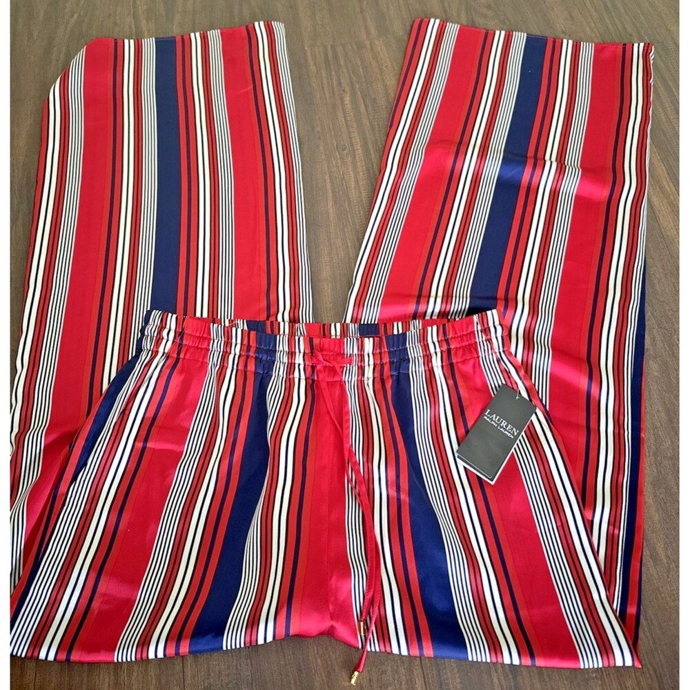 Lauren Ralph Lauren Women's Striped Satin Charmeuse Wide-Leg Pants Red Navy M - Picture 10 of 11